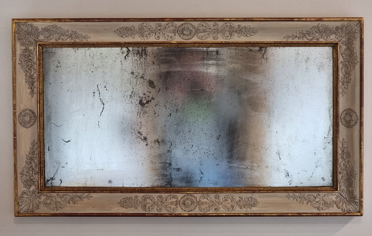 Miroir d’époque Empire français en bois laqué et doré, à décors en pastiglia, début XIXe siècle-photo-3