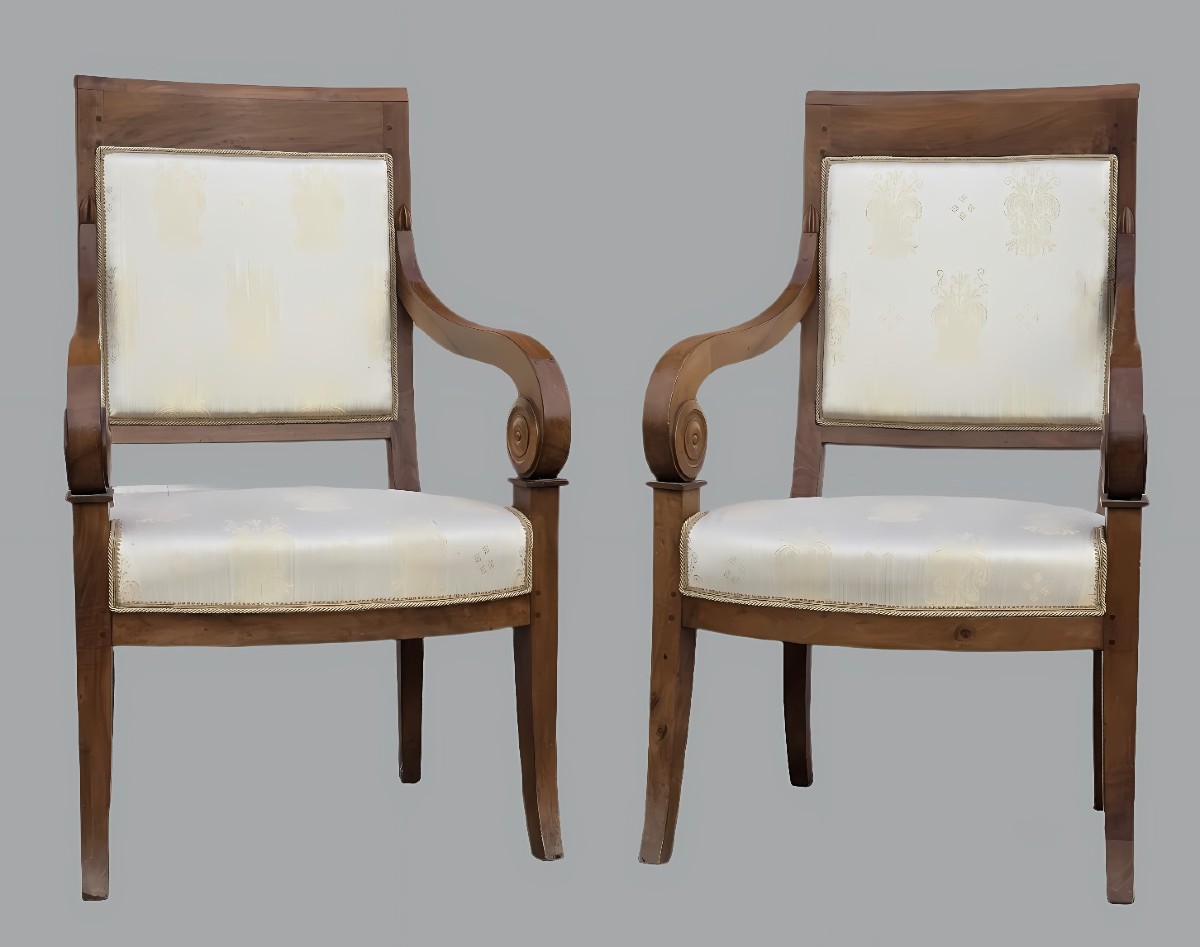 Pair Of Directoire Armchairs In Walnut, Northern Italy, Early 19th Century