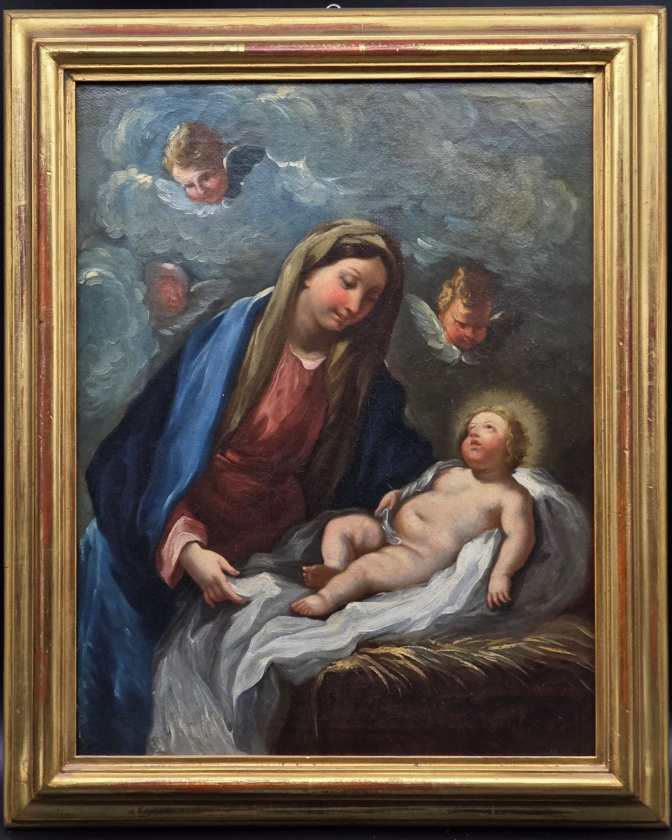 Madonna And Child With Angels – 17th Century Emilian School, Oil On Canvas-photo-2