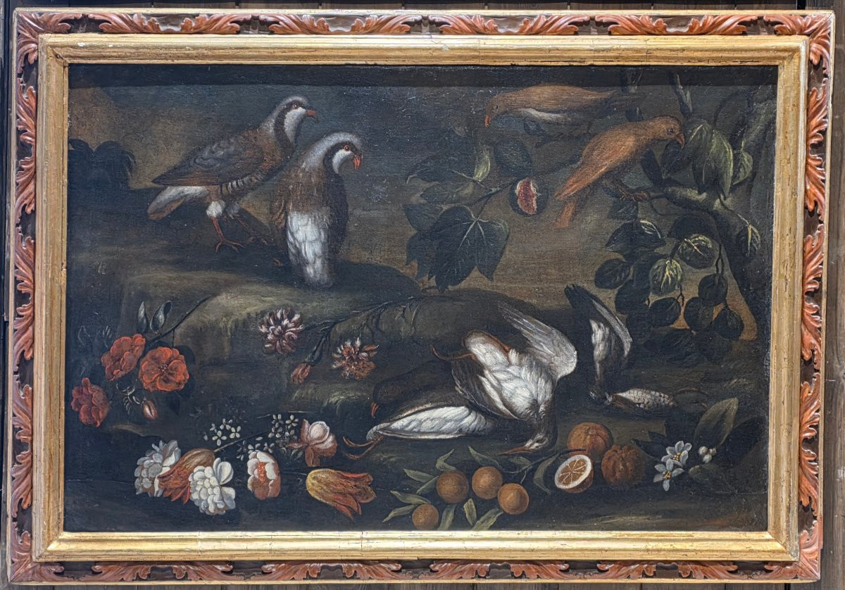 Paire de grandes natures mortes de chasse – École émilienne du XVIIe siècle, huile sur toile-photo-2