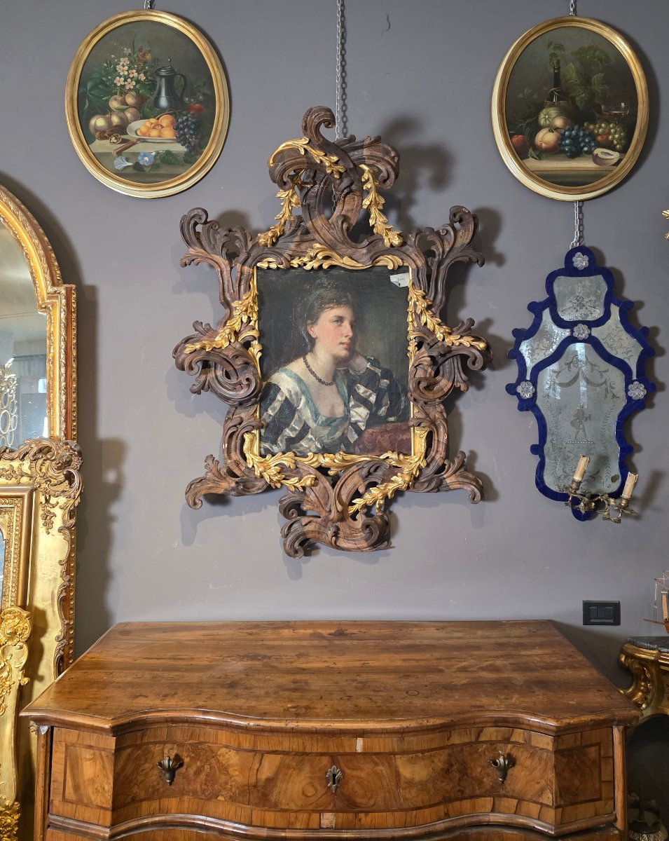 Antonio Zona – Portrait Of A Young Woman With Important Carved And Gilded Frame, Early 18th Cen-photo-3