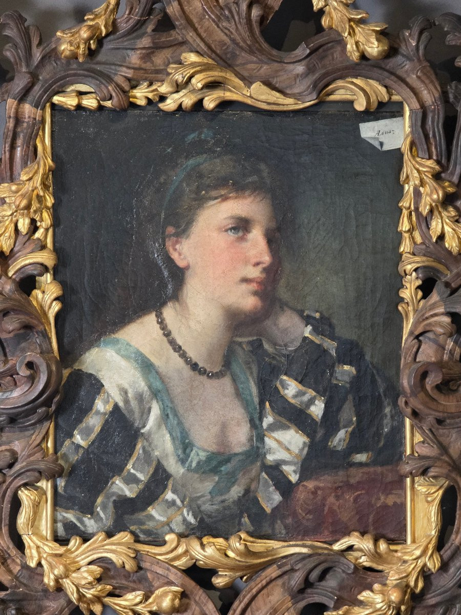 Antonio Zona – Portrait Of A Young Woman With Important Carved And Gilded Frame, Early 18th Cen-photo-2
