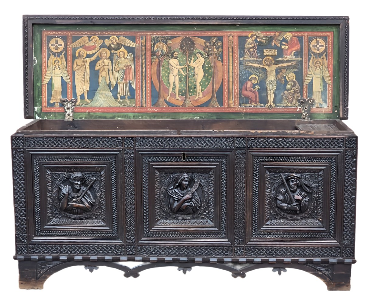 Hand-carved Neo-medieval Walnut Chest With Christian Iconography, 19th Century
