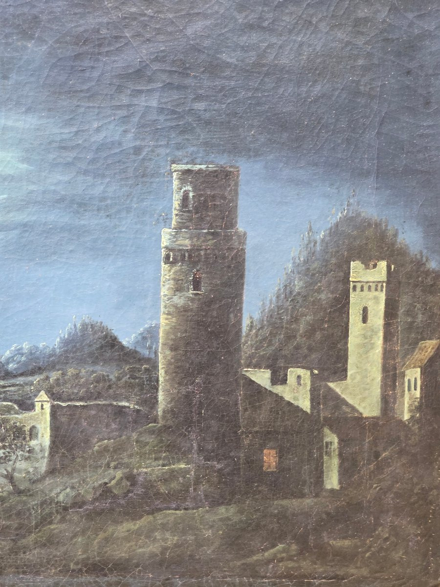 Romantic Moonlight Landscape With Ruins, Italian School, 19th Century-photo-3