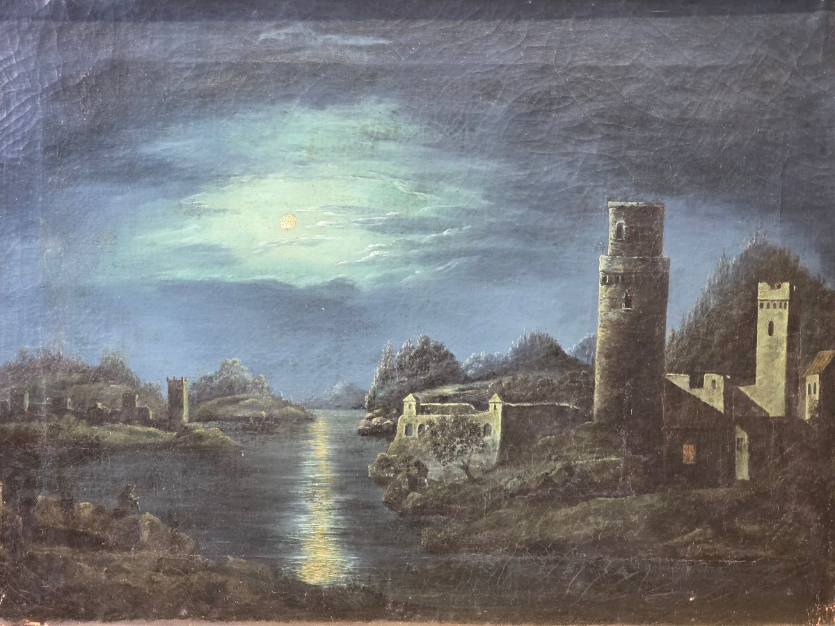 Romantic Moonlight Landscape With Ruins, Italian School, 19th Century