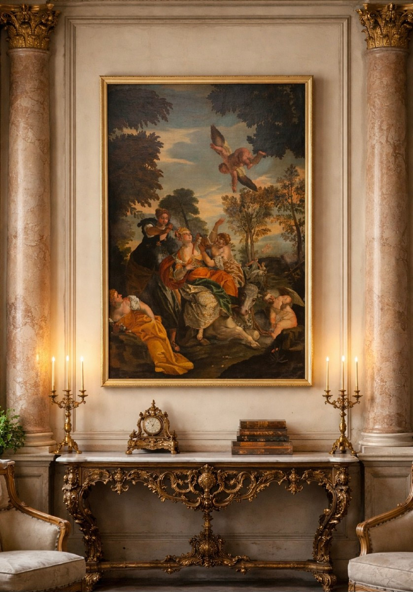 Grand tableau décoratif ancien “Enlèvement d’Europe”, école vénitienne, XVIIIe siècle,  -photo-3