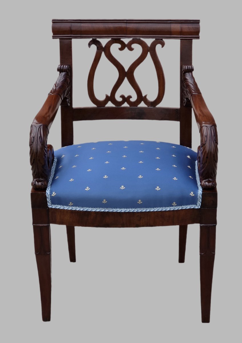 Fauteuil Empire en acajou sculpté, accotoirs en volutes, Italie début XIXe-photo-3