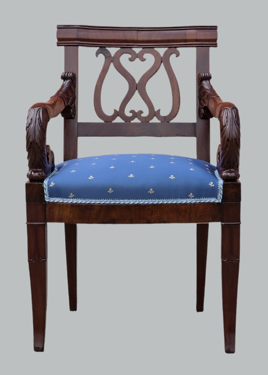 Fauteuil Empire en acajou sculpté, accotoirs en volutes, Italie début XIXe-photo-4