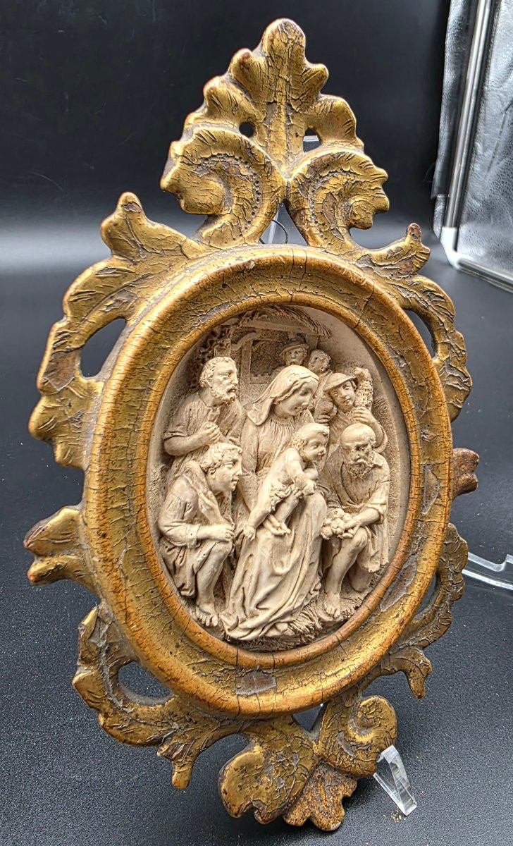 Adoration Of The Shepherds In Meerschaum, Devotional Sculpture With Gilt Frame, 18th Century-photo-3