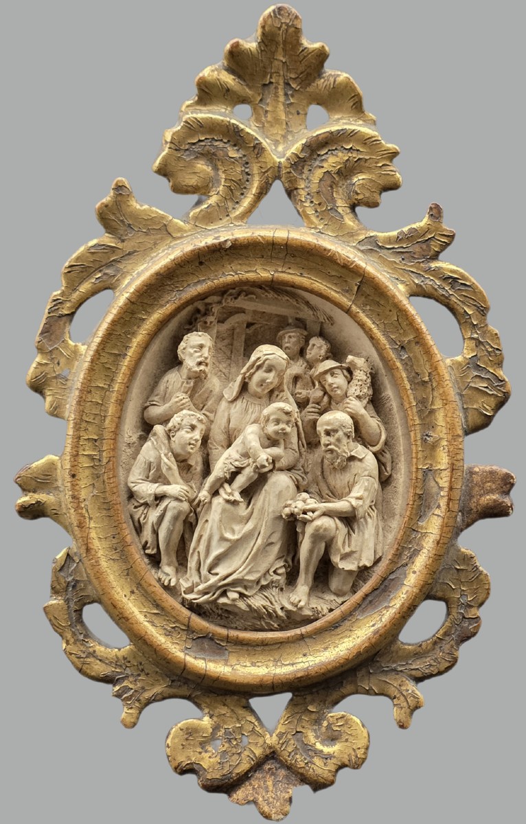 Adoration Of The Shepherds In Meerschaum, Devotional Sculpture With Gilt Frame, 18th Century
