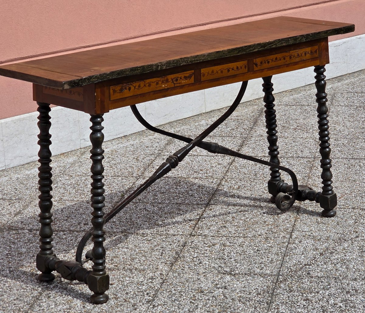 Console lombarde du XVIIIe siècle marquetée avec pieds tournés-photo-2