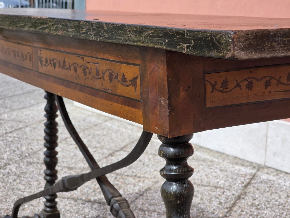 Console lombarde du XVIIIe siècle marquetée avec pieds tournés-photo-3