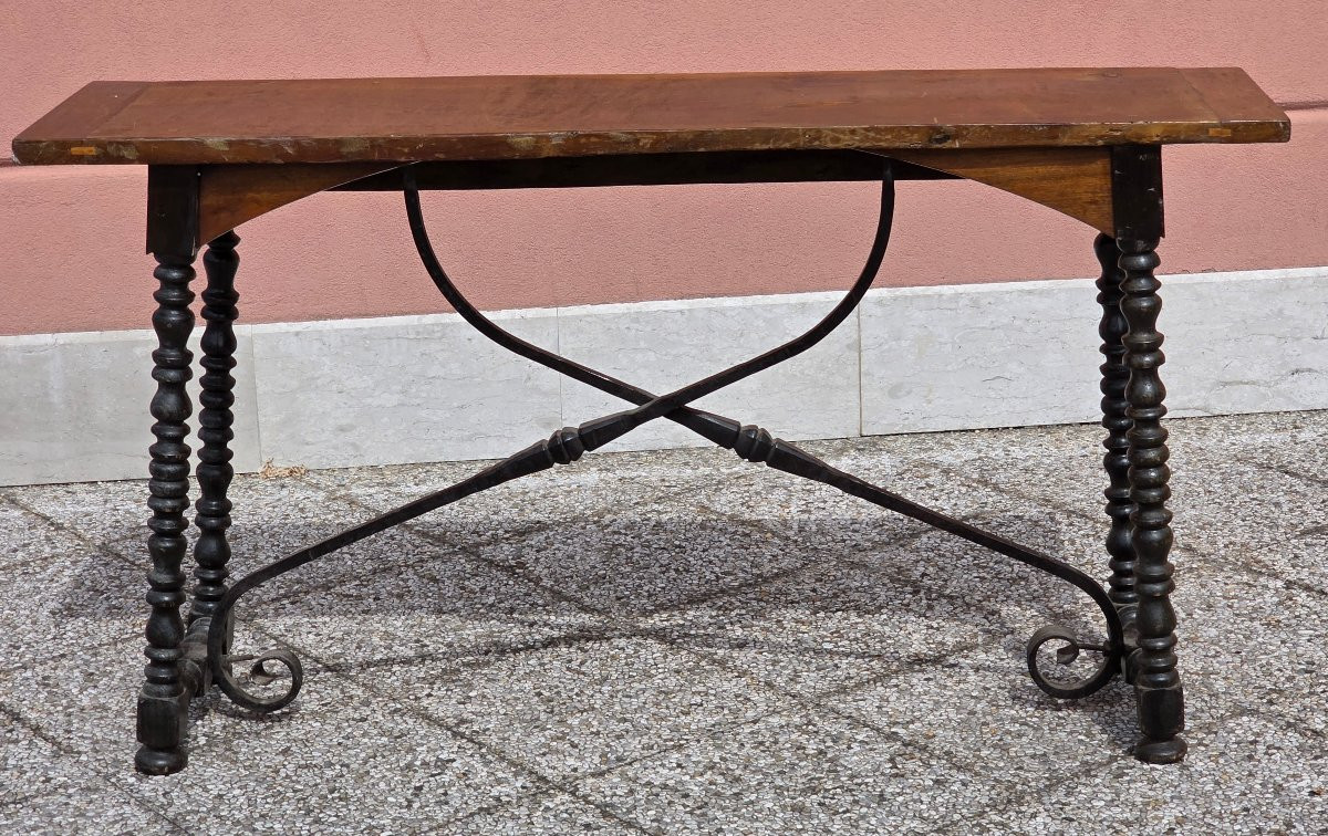 Console lombarde du XVIIIe siècle marquetée avec pieds tournés-photo-4