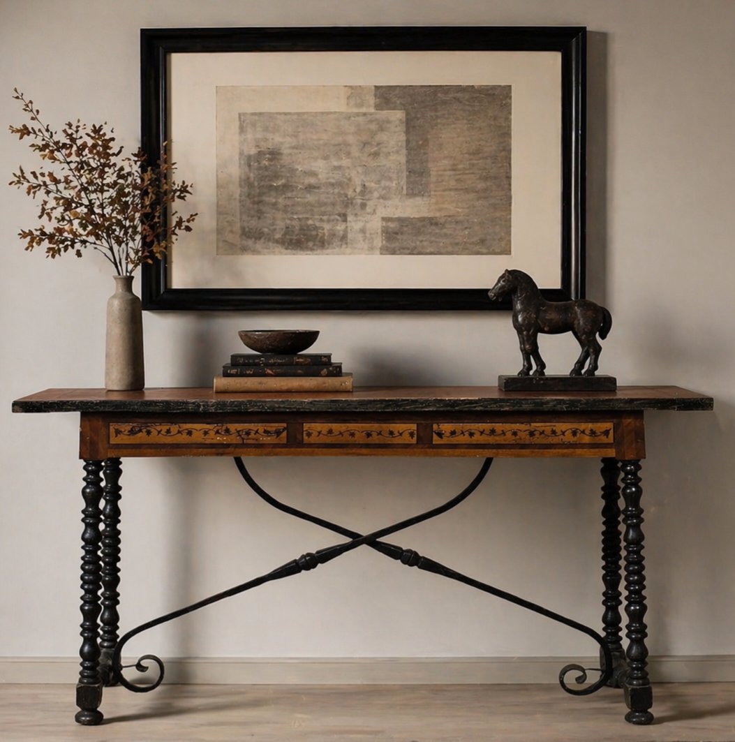 Console lombarde du XVIIIe siècle marquetée avec pieds tournés-photo-7
