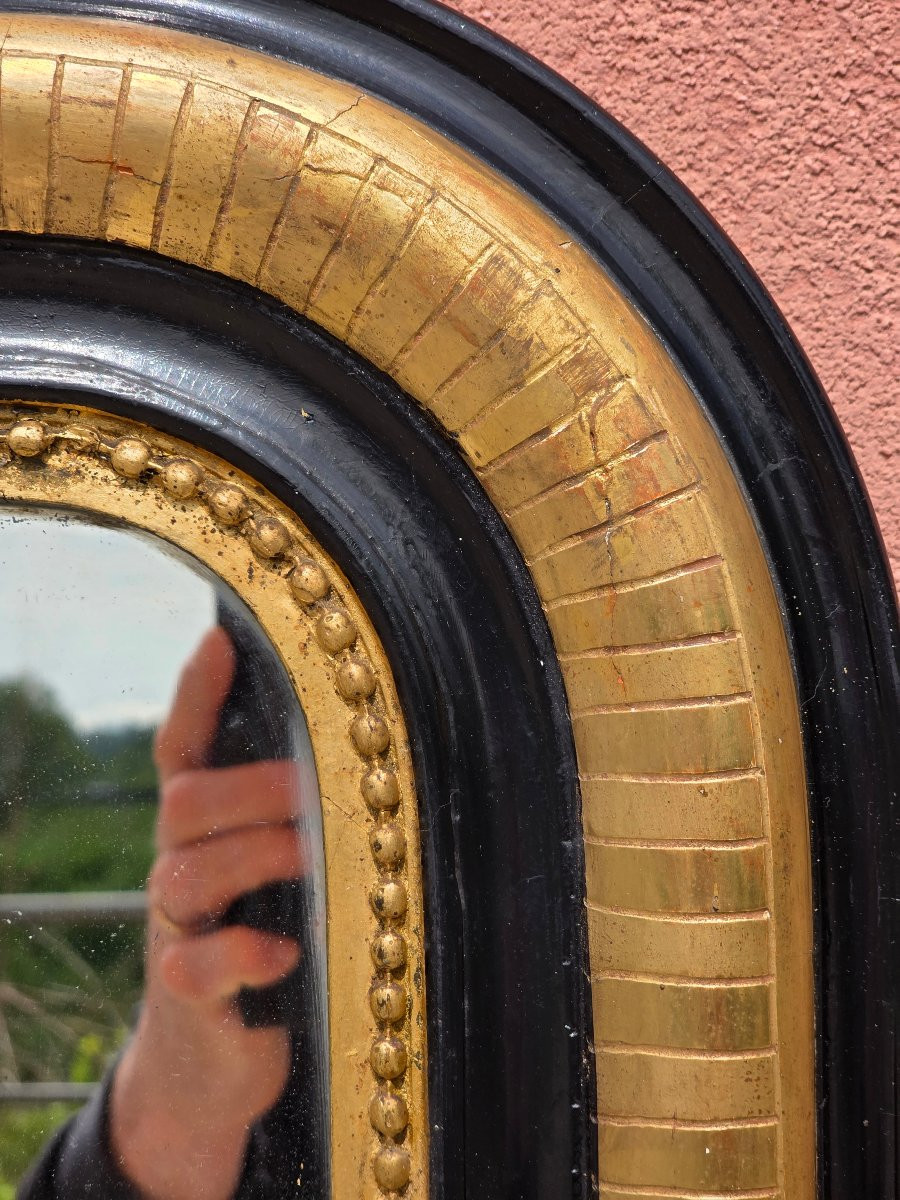 Miroir français fin XIXe siècle doré à la feuille et laqué noir avec glace d’origine-photo-3