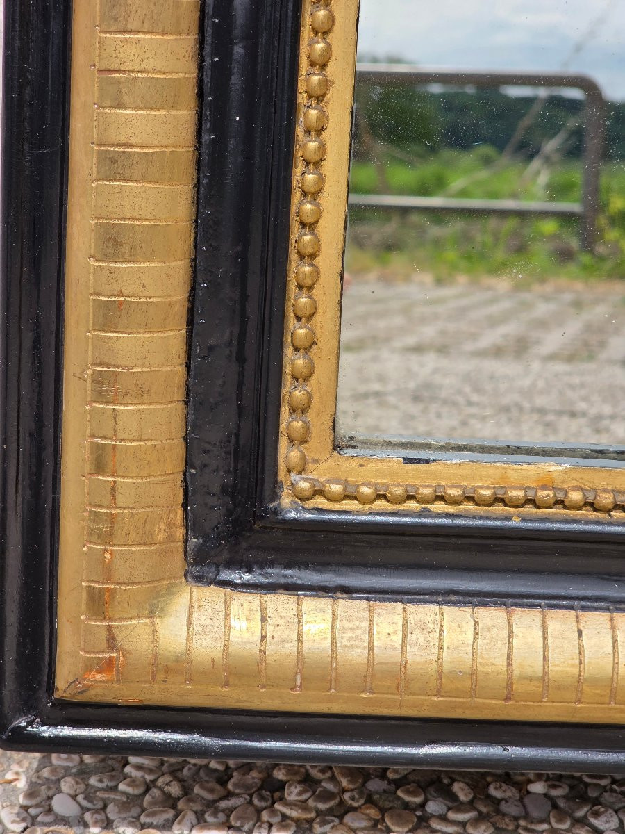 Miroir français fin XIXe siècle doré à la feuille et laqué noir avec glace d’origine-photo-4