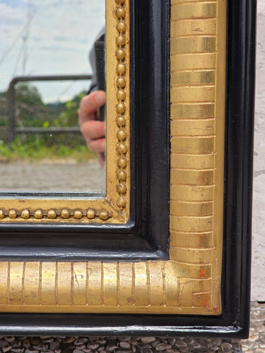 Miroir français fin XIXe siècle doré à la feuille et laqué noir avec glace d’origine-photo-1