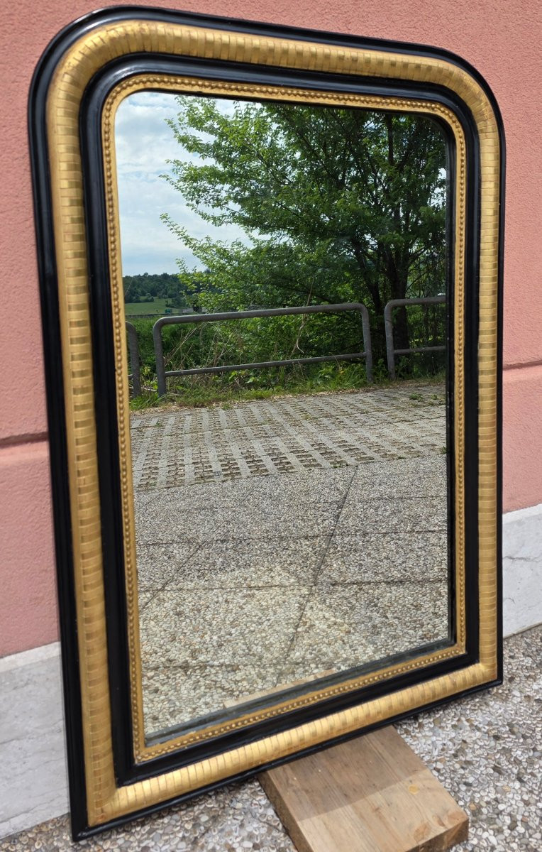 Miroir français fin XIXe siècle doré à la feuille et laqué noir avec glace d’origine-photo-3