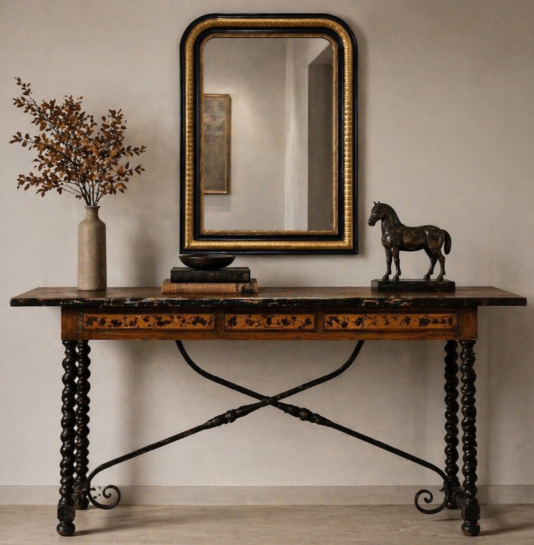 Miroir français fin XIXe siècle doré à la feuille et laqué noir avec glace d’origine-photo-4