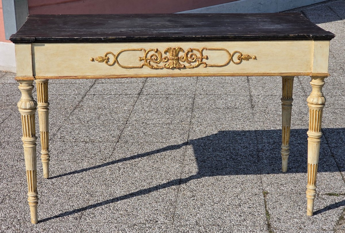 Table console de style Louis XVI Empire laquée et dorée-photo-8