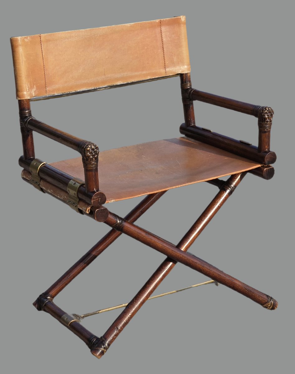 Folding Director's Chair In The Mcguire Style, Made Of Wood, Leather, And Brass, From The 1970s-photo-2