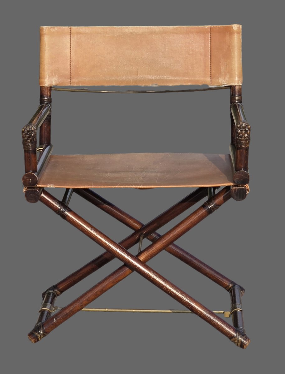 Folding Director's Chair In The Mcguire Style, Made Of Wood, Leather, And Brass, From The 1970s-photo-3