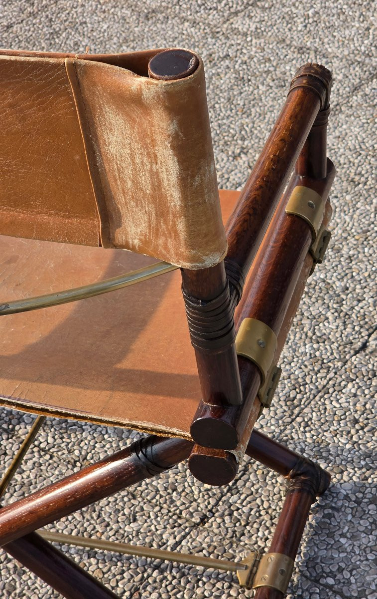 Folding Director's Chair In The Mcguire Style, Made Of Wood, Leather, And Brass, From The 1970s-photo-6