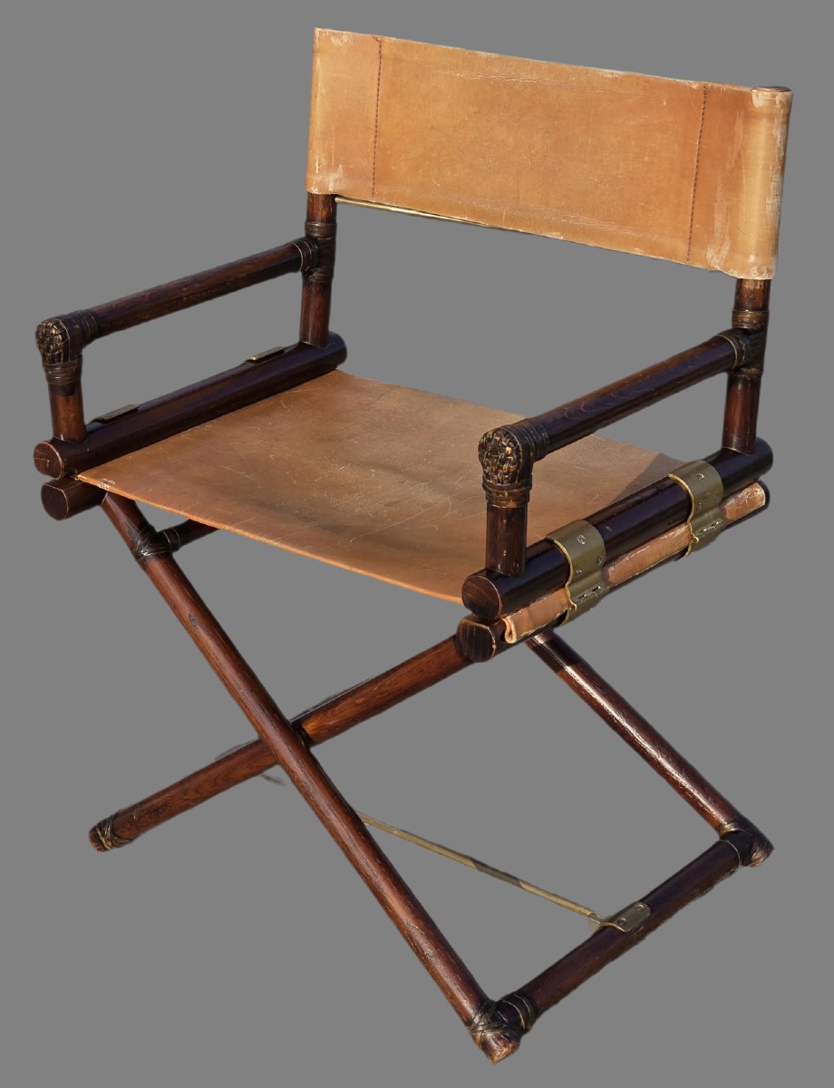 Folding Director's Chair In The Mcguire Style, Made Of Wood, Leather, And Brass, From The 1970s