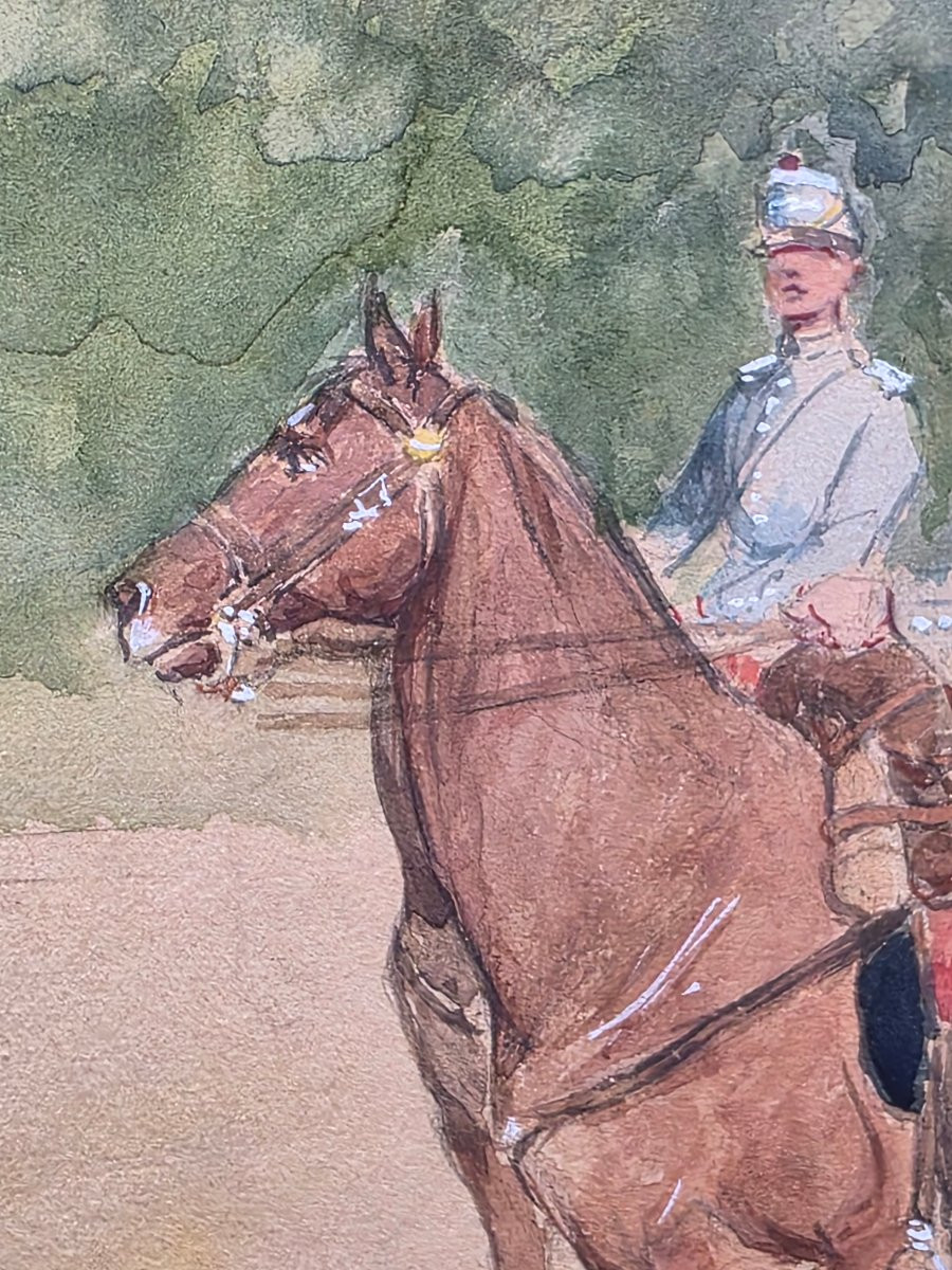 Military Watercolor Depicting Horsemen, Signed And Dated 1912-photo-3