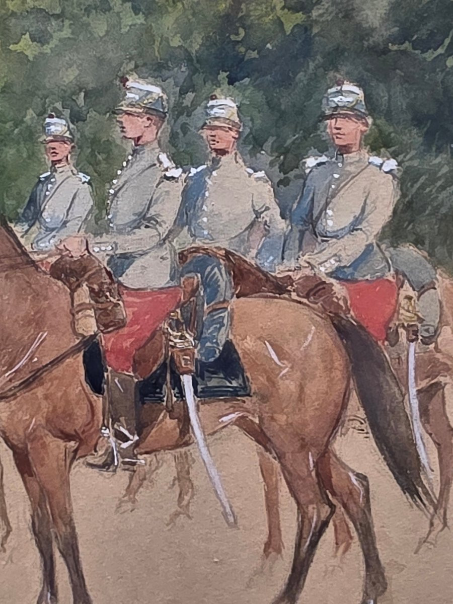 Military Watercolor Depicting Horsemen, Signed And Dated 1912-photo-4