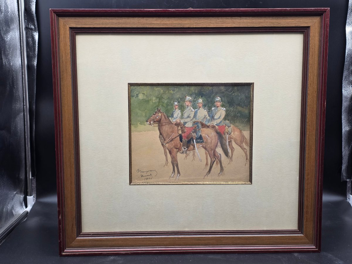 Military Watercolor Depicting Horsemen, Signed And Dated 1912-photo-3