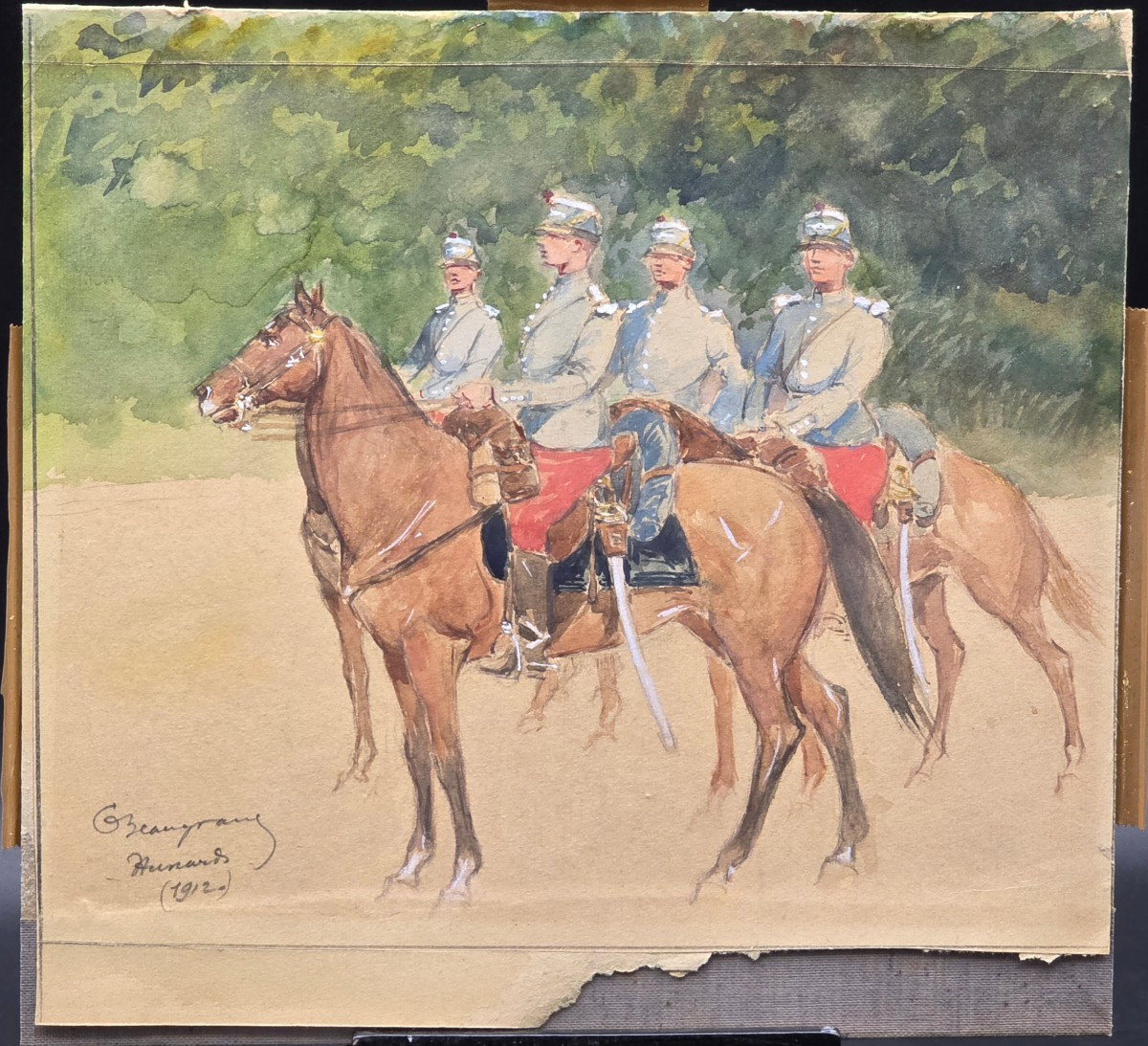 Military Watercolor Depicting Horsemen, Signed And Dated 1912