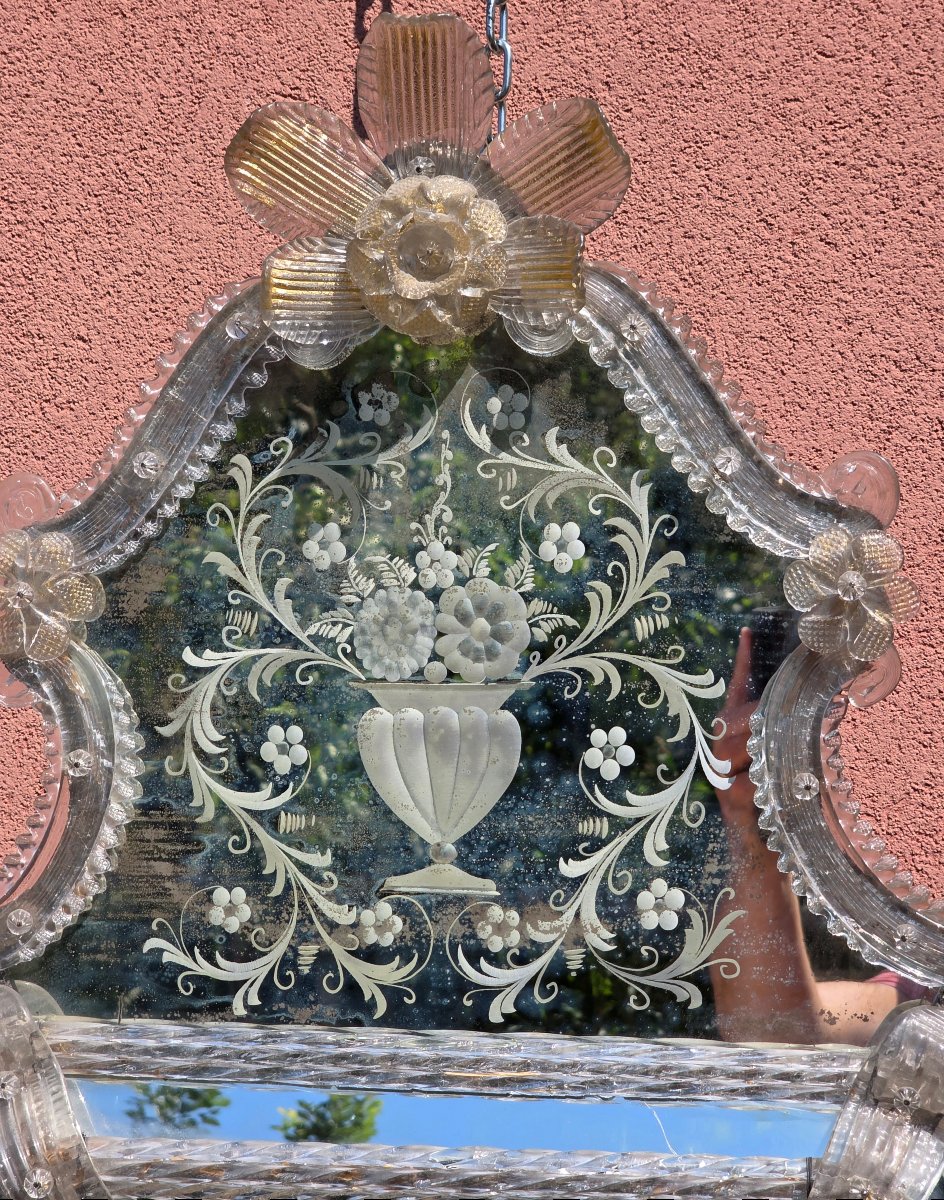 Grand miroir vénitien en verre de Murano gravé et taillé, années 1950-photo-2