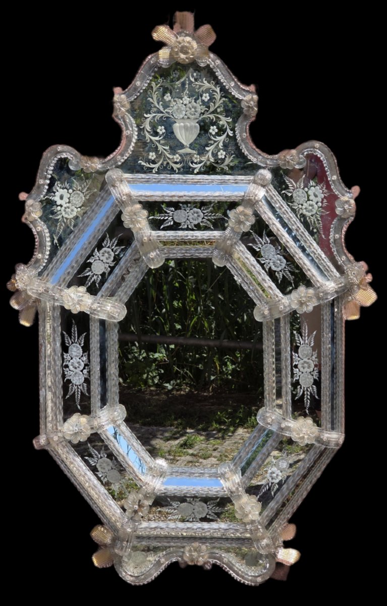 Grand miroir vénitien en verre de Murano gravé et taillé, années 1950-photo-4