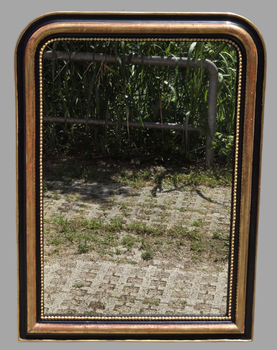 Miroir français laqué noir et doré à la feuille d’or, fin XIXe siècle, 95 x 71 cm-photo-1