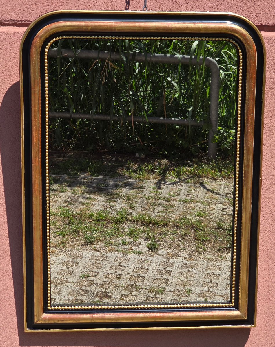 Miroir français laqué noir et doré à la feuille d’or, fin XIXe siècle, 95 x 71 cm-photo-7