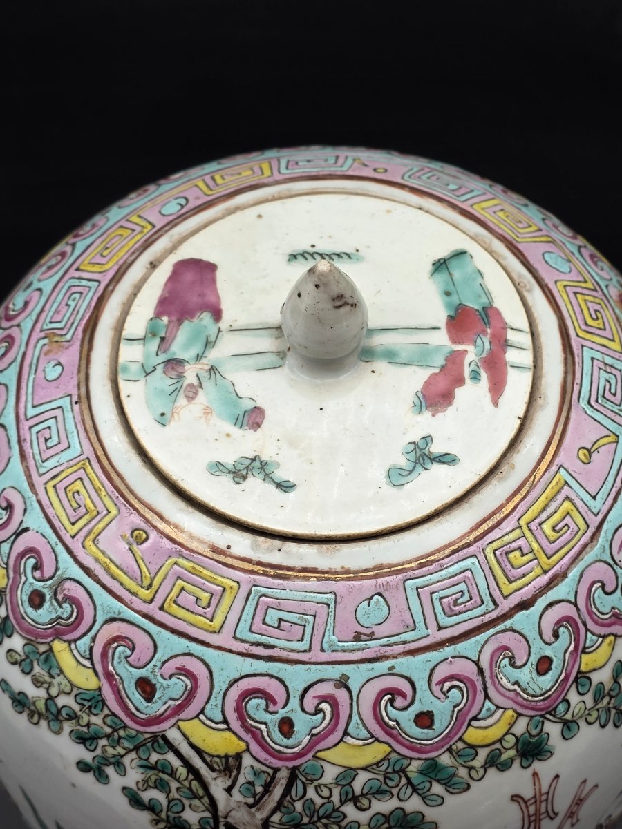 Grand vase potiche chinois couvert en porcelaine peinte – première moitié du XXe siècle-photo-2