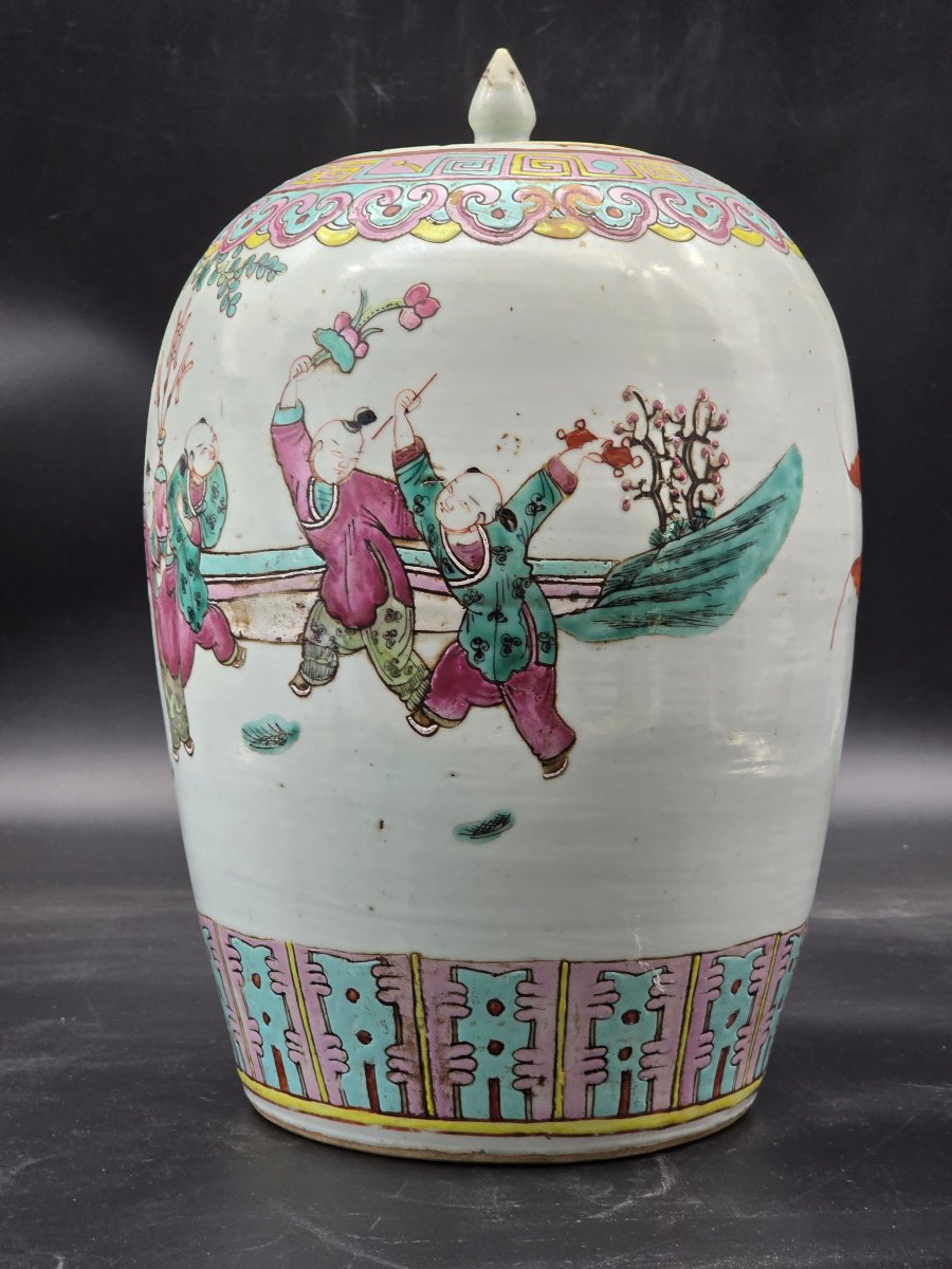Grand vase potiche chinois couvert en porcelaine peinte – première moitié du XXe siècle-photo-1