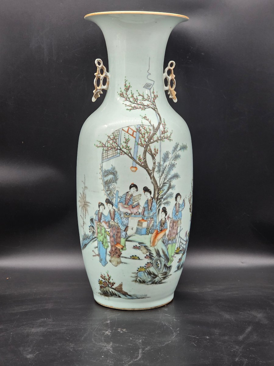 Large Chinese Porcelain Vase With Figurative Scenes And Calligraphy - H 59.5 Cm-photo-4