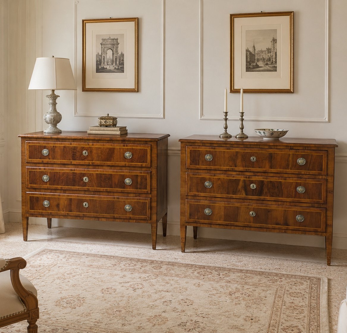 Paire de commodes Louis XVI toscanes plaquées de noyer, XVIIIe siècle-photo-4