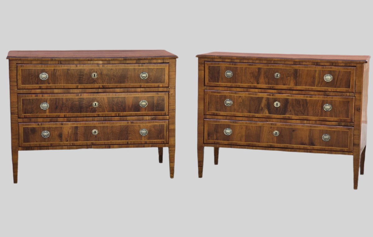 Paire de commodes Louis XVI toscanes plaquées de noyer, XVIIIe siècle