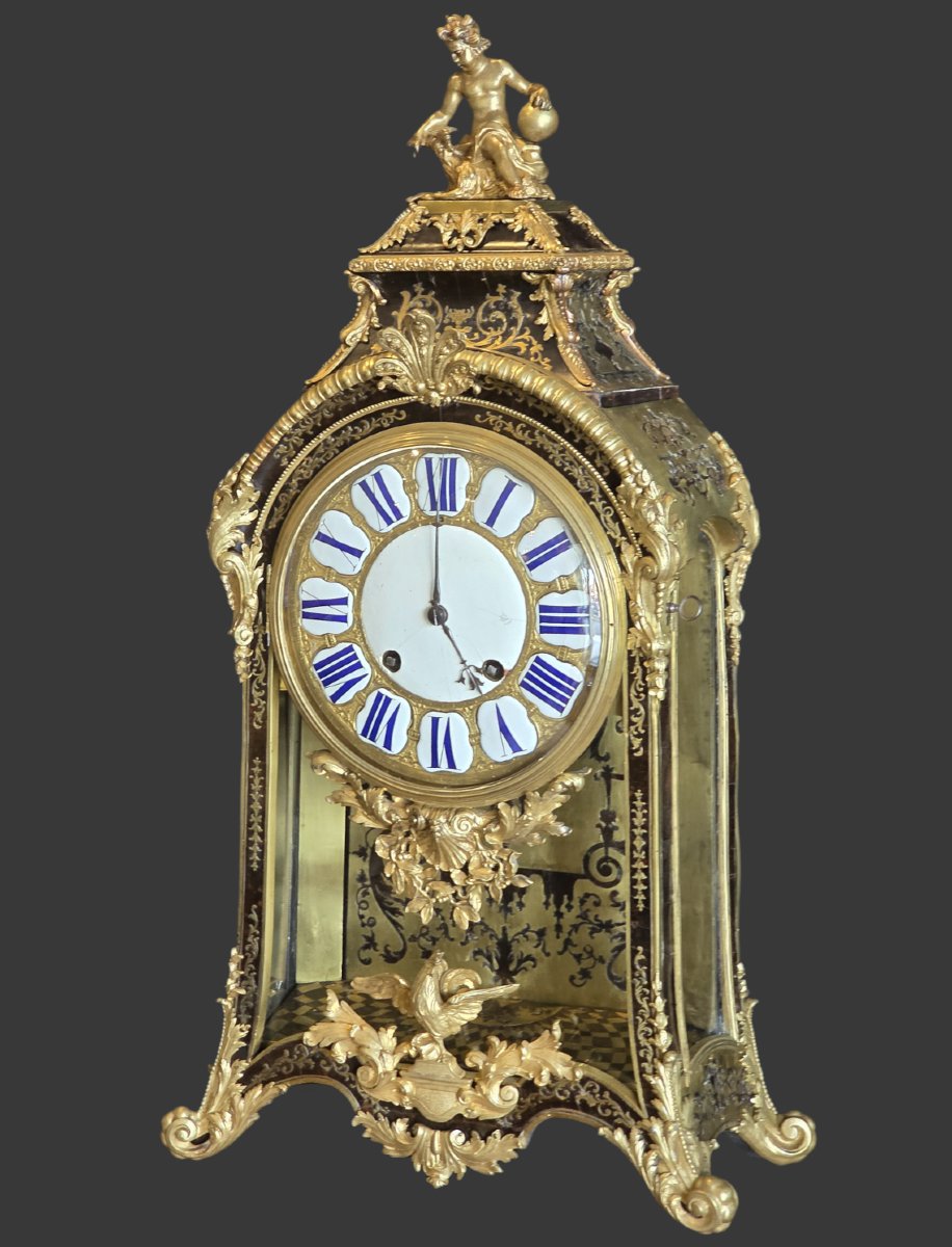 French Louis XV Cartel Pendulum Clock In Ebonized Wood And Gilded Bronze, 18th Century-photo-3