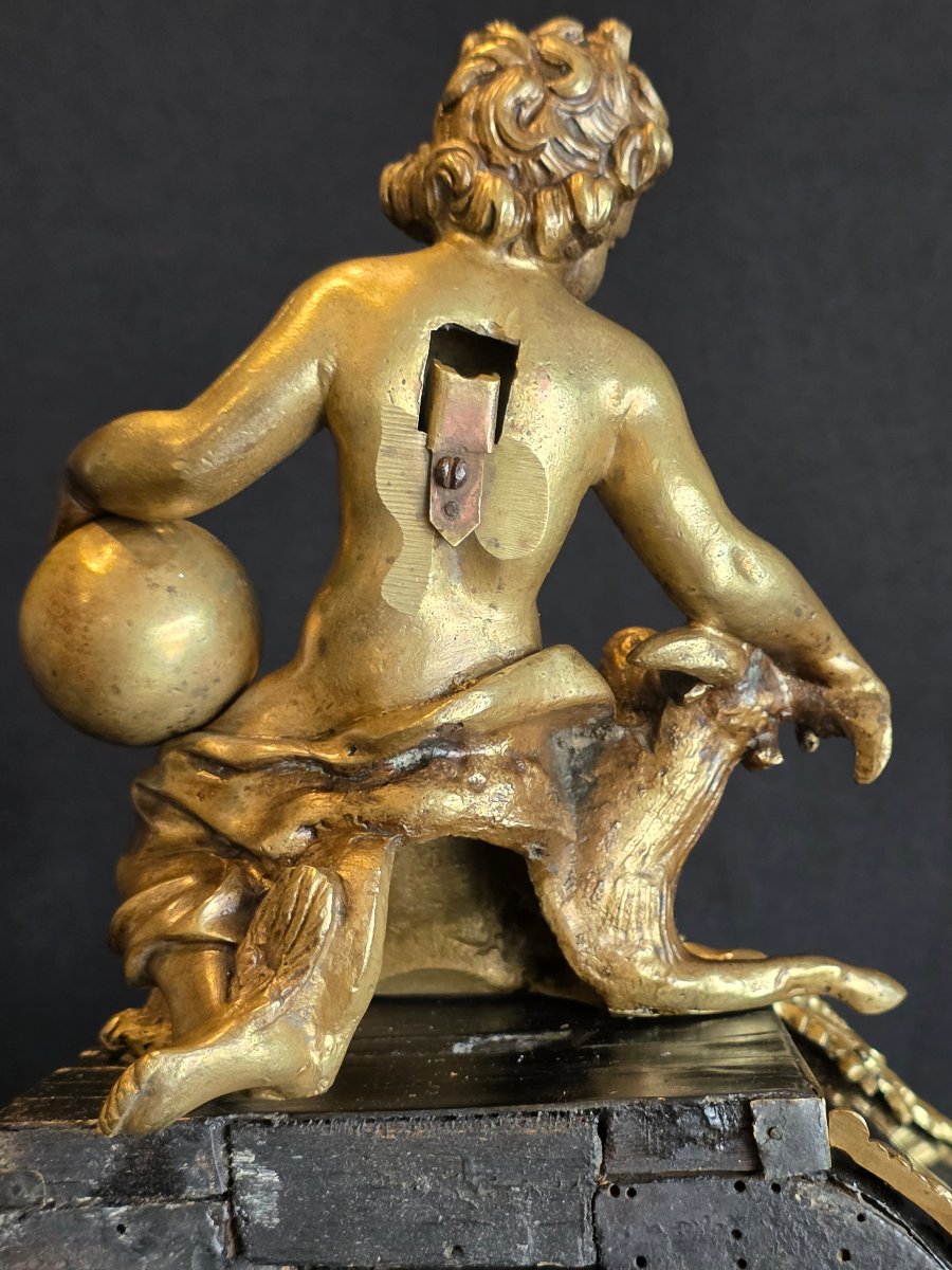 French Louis XV Cartel Pendulum Clock In Ebonized Wood And Gilded Bronze, 18th Century-photo-2