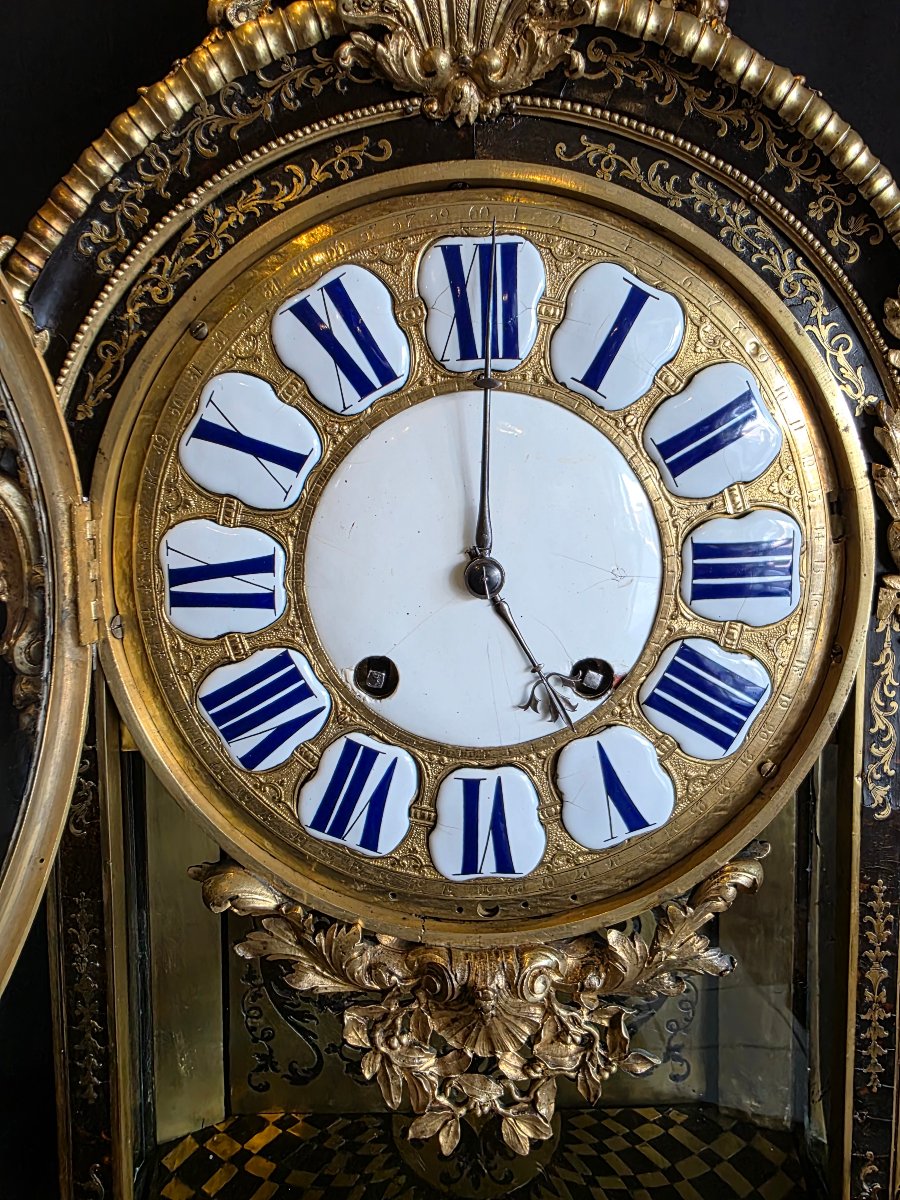 French Louis XV Cartel Pendulum Clock In Ebonized Wood And Gilded Bronze, 18th Century-photo-7