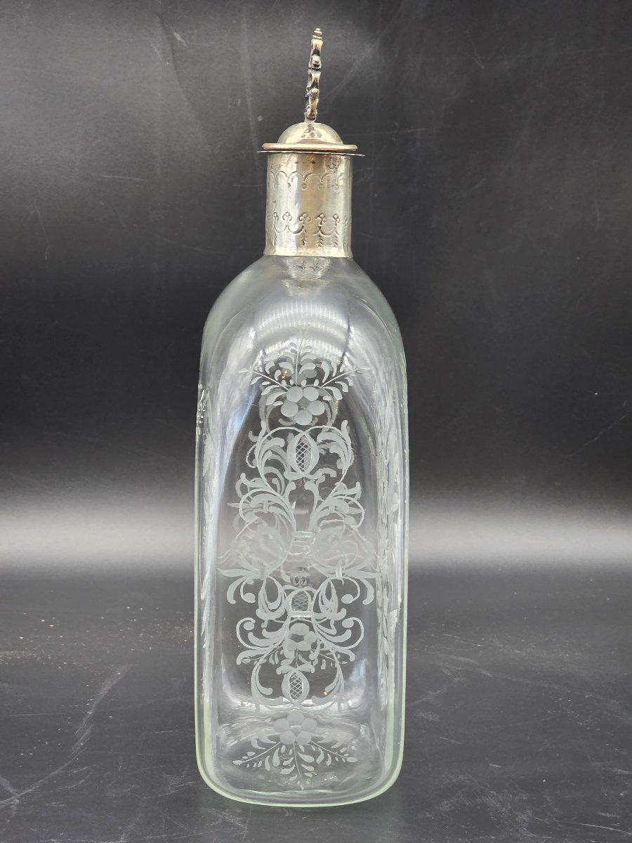 Carafe à liqueur en verre gravé avec monture en argent 800, Venise, fin XIXe siècle-photo-1