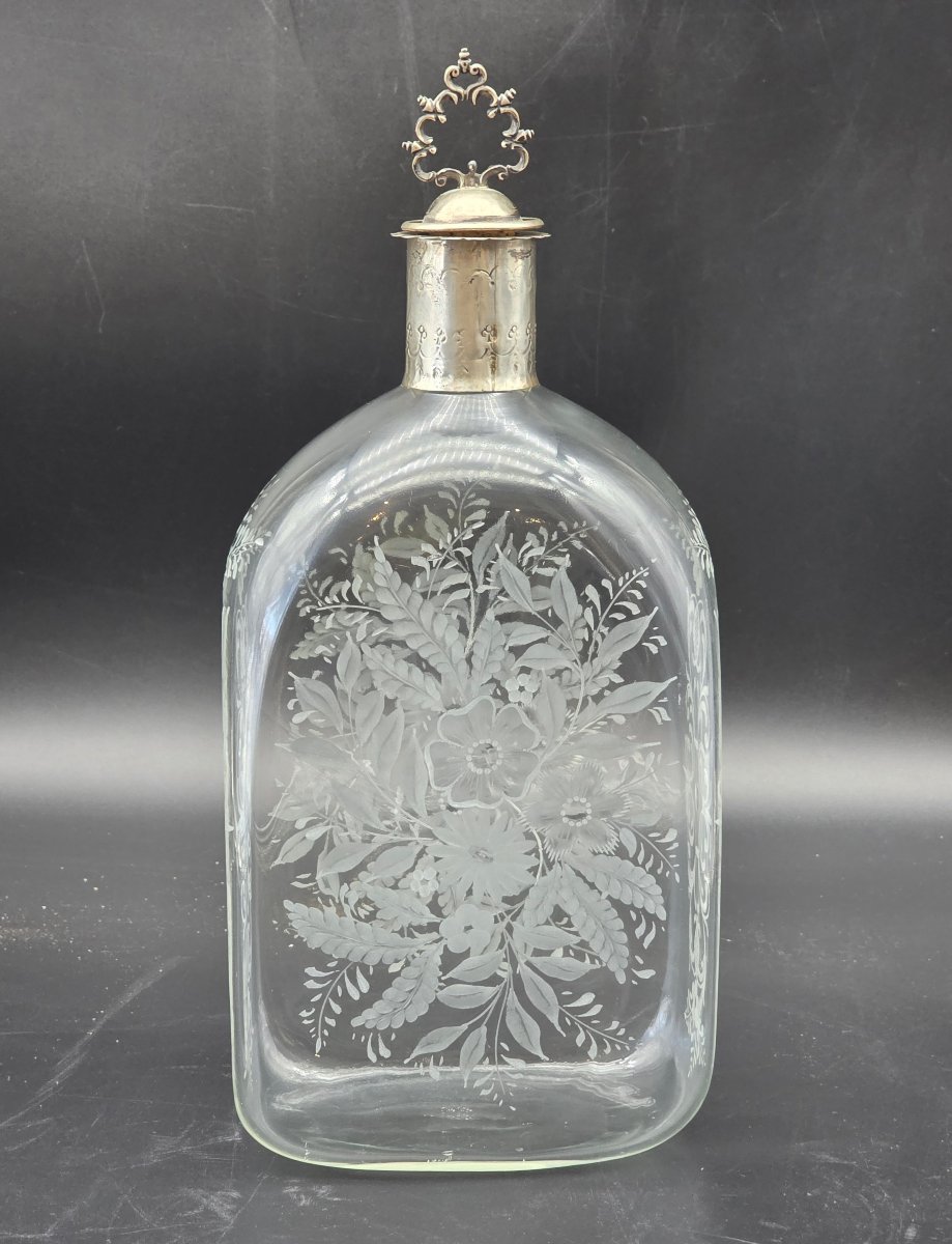 Carafe à liqueur en verre gravé avec monture en argent 800, Venise, fin XIXe siècle-photo-2