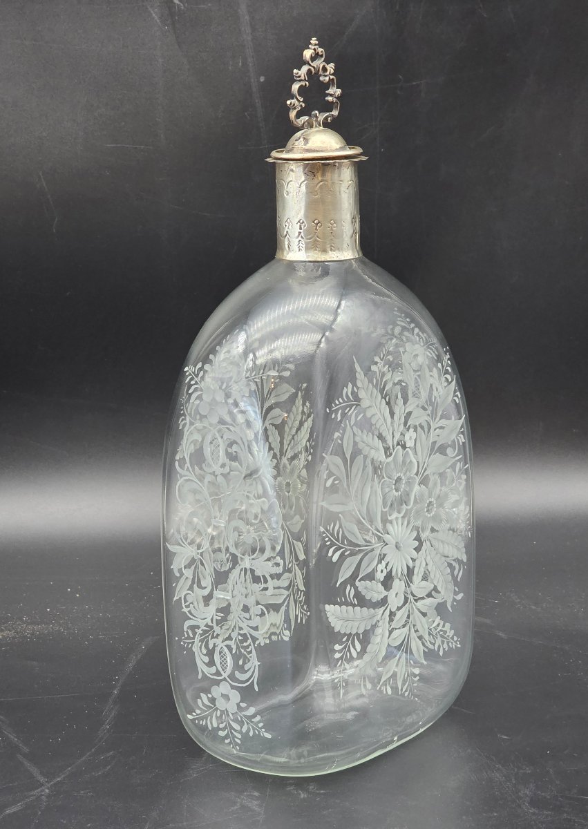 Carafe à liqueur en verre gravé avec monture en argent 800, Venise, fin XIXe siècle-photo-4