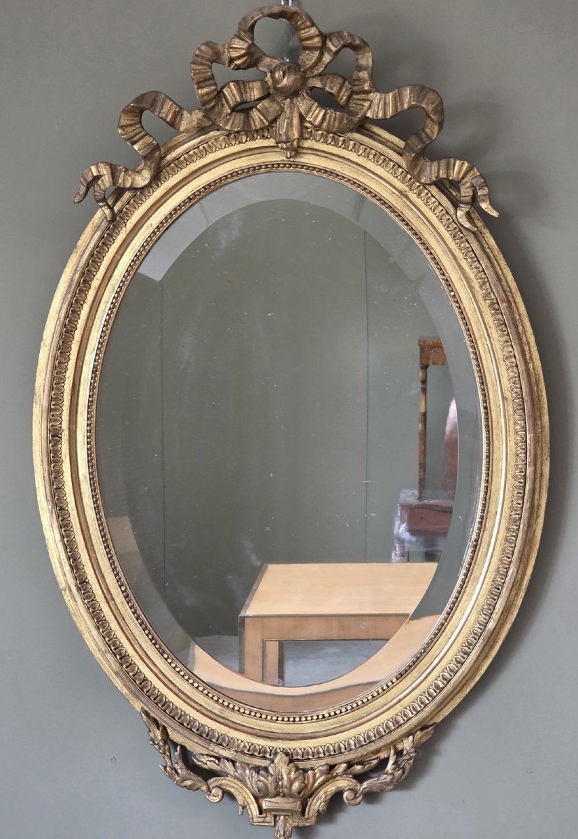 Gilded French Oval Mirror With A "love Knot" – Napoleon III Period, 19th Century-photo-4