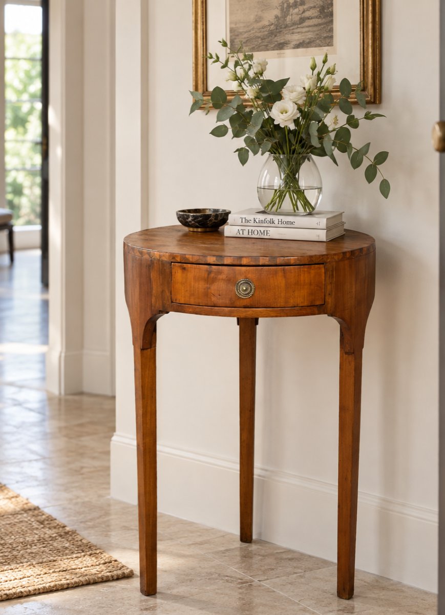 Round Venetian Directoire-empire-style Coffee Table In Inlaid Cherry Wood, Early 19th Century-photo-6