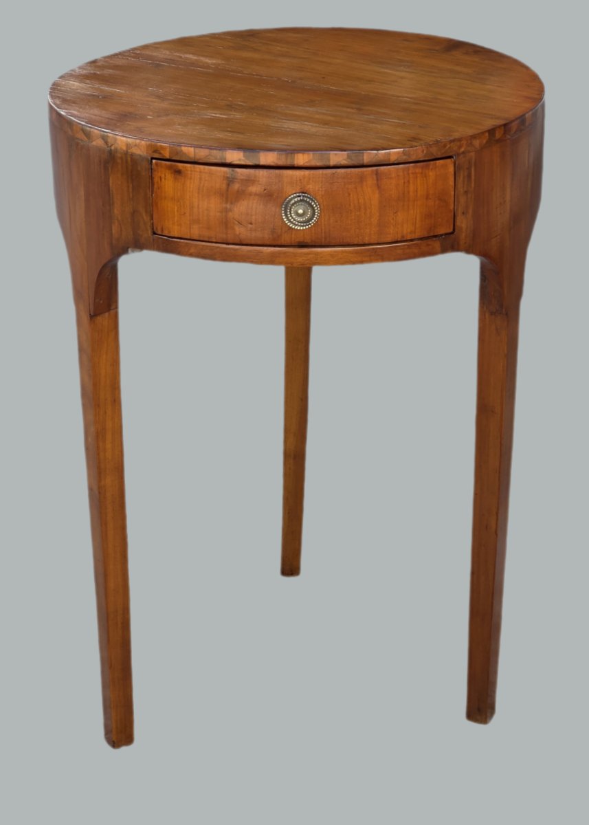 Round Venetian Directoire-empire-style Coffee Table In Inlaid Cherry Wood, Early 19th Century